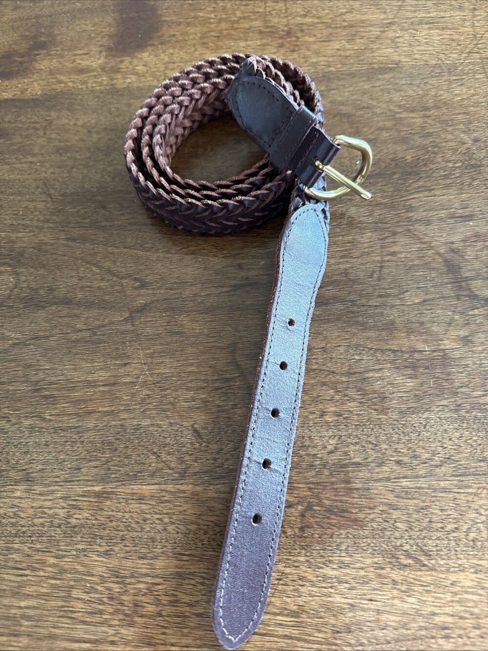 Mens Size 48 Brown Leather Woven Braided Brass Buckle Belt Adjustable Big Man